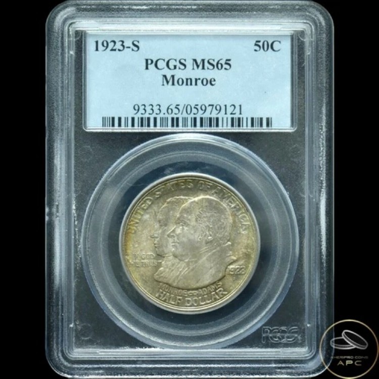1923年 Sモンロー記念銀貨ハーフドル PCGS MS65 光沢++ ユニークトーニング+
