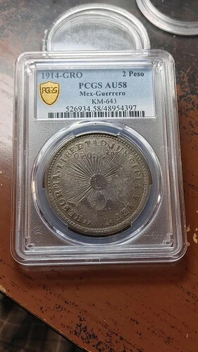 1914 GRO ゲレーロ メキシコ ドス ペソ 2 ペソ PCGS AU58 傑出した 4791