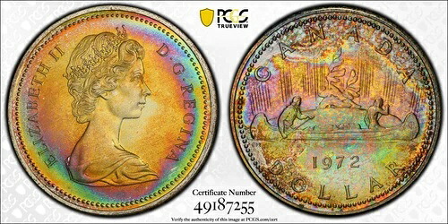 1972年カナダ ボヤージャー 銀貨 1ドル PCGS SP68 ダークフルレインボートーン