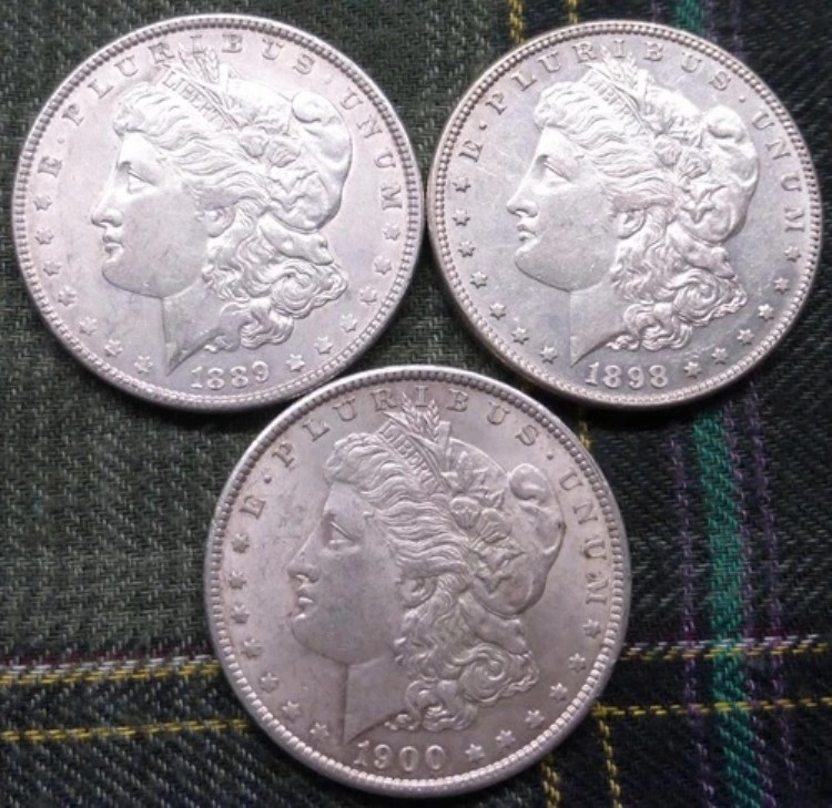 モルガン銀貨1ドル3枚、米国モルガン銀貨3枚、1889年、1898年、1900年 66,550円