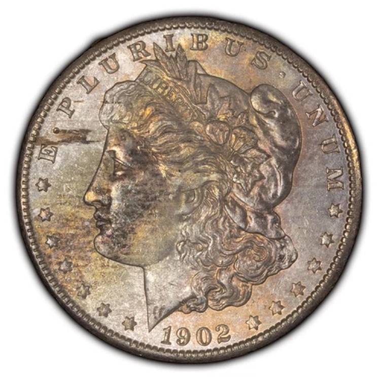 1902-O 1ドルモルガン銀貨 - バイオレットカラフルトーニング - BU - SKU-D3152