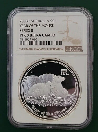 2008年オーストラリアコイン、ネズミ年、1オンス シルバー プルーフ、NGC PF 68 ウルトラ カメオ!