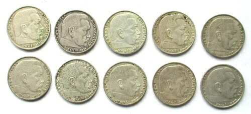 第三帝国銀貨ロット10 x 2 ライヒスマルク 1939 A パウル・フォン・ヒンデンブルク HK-