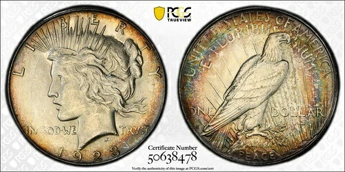 1923-S PCGS MS63 ピースシルバードル 美しいレインボートーン 50638478