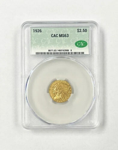 1926年米国造幣局発行 2.50ドル インディアンヘッド金貨 CAC MS63認定 ~ 送料無料