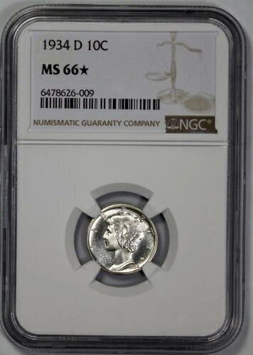 1934-D マーキュリー 10セント 10セント硬貨 NGC MS 66*