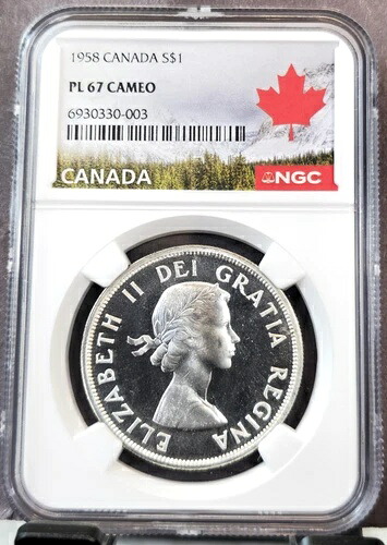 1958年カナダ銀貨1ドルトーテムポールNGC PL 67カメオ非常に希少なトップポップ