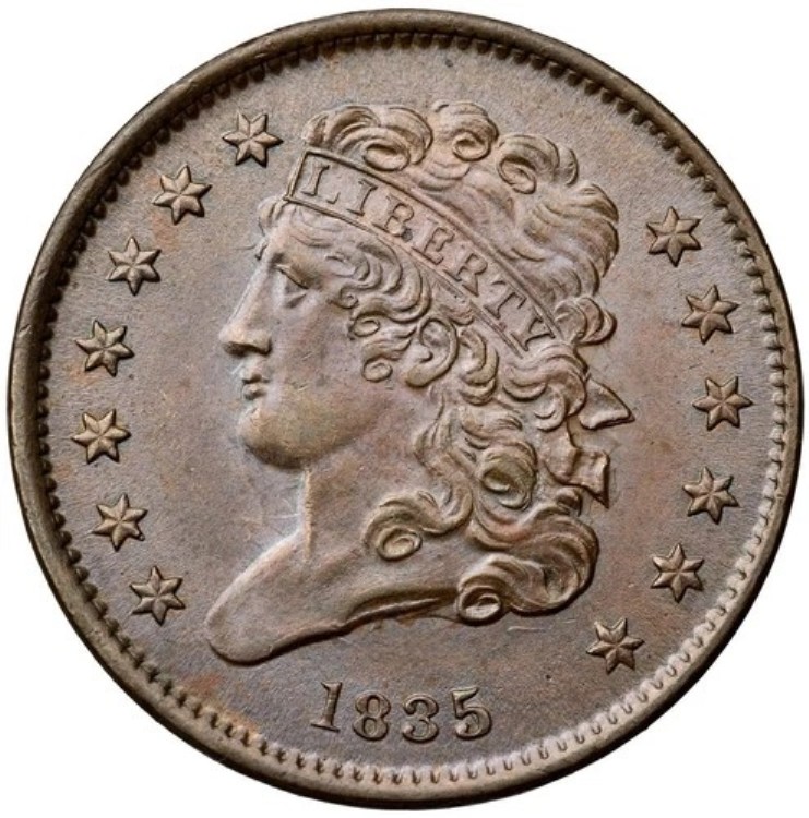 1835 C-1 R-1 ANACS MS 62 BN クラシックヘッドハーフセントコイン 1/2c