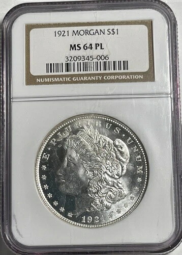 1921年 モルガン銀貨 NGC MS64 PL (#15419) 非常に美しい白貨。良好な損益。