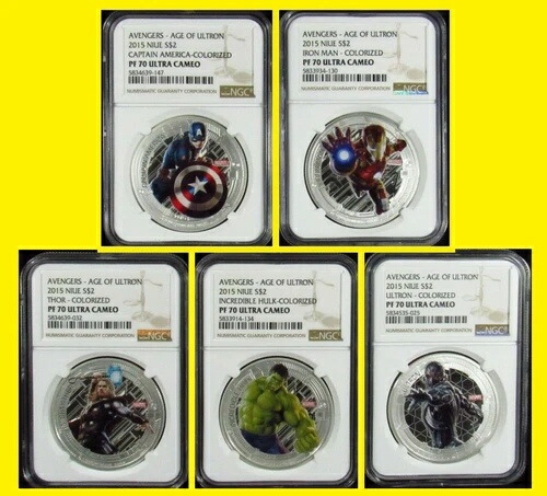 2015 マーベル アベンジャーズ 5 コインセット キャプテン・アメリカ、ハルク、ソー、アイアンマン、ウルトロン NGC 70