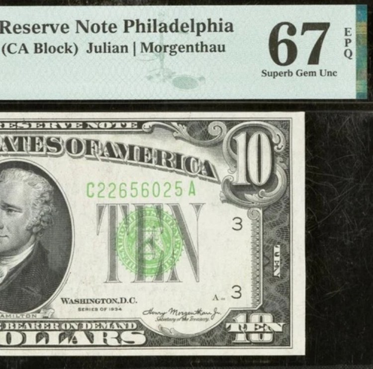 1934年 $10 FRN フィラデルフィア - PMG 67EPQ - トップポップ - 最高グレード LGS - Fr 2005-C