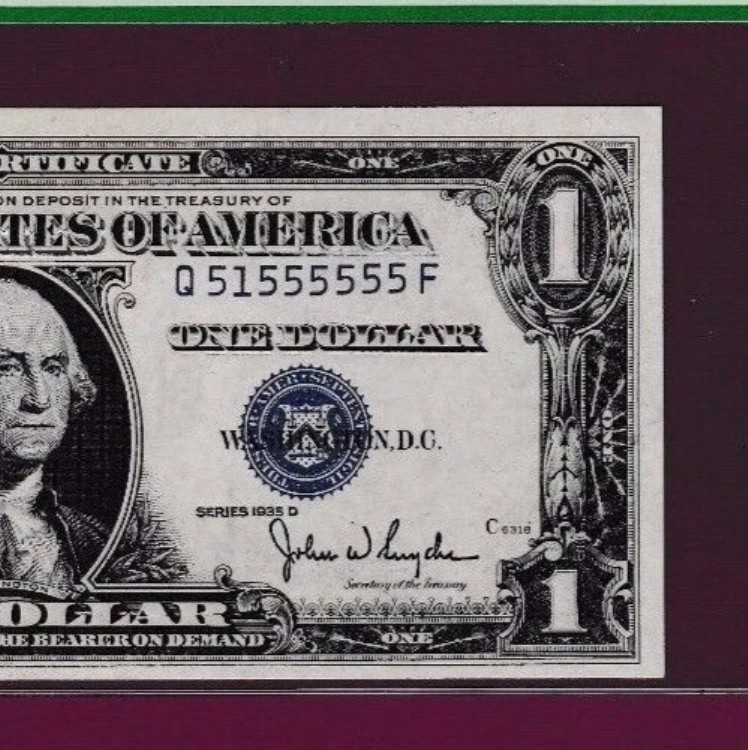 ほぼ完全なバイナリ $1 1935 D シルバー証明書付きノート S/N 51555555 PCGS Fr.1613W