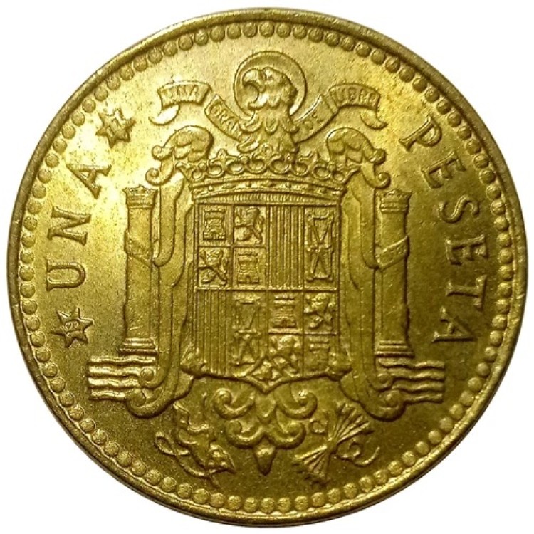 1ペセタ、スペイン、1975年。星1977の刻印あり。希少、未流通、鋭利。