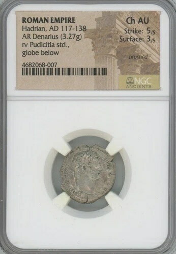 ローマ帝国ハドリアヌス、西暦117-138年、ARデナリウス（3.27グラム）NGC Ch AU