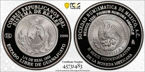 2000年 モナコ メキシコ貨幣協会 Ag 1856 1/4R グアナファト シルバーメダル PCGS SP69 274,725円