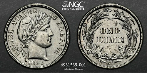 1892-S 10セント バーバー シルバー ダイム サンフランシスコ造幣局 NGC MS61 #6931539-001