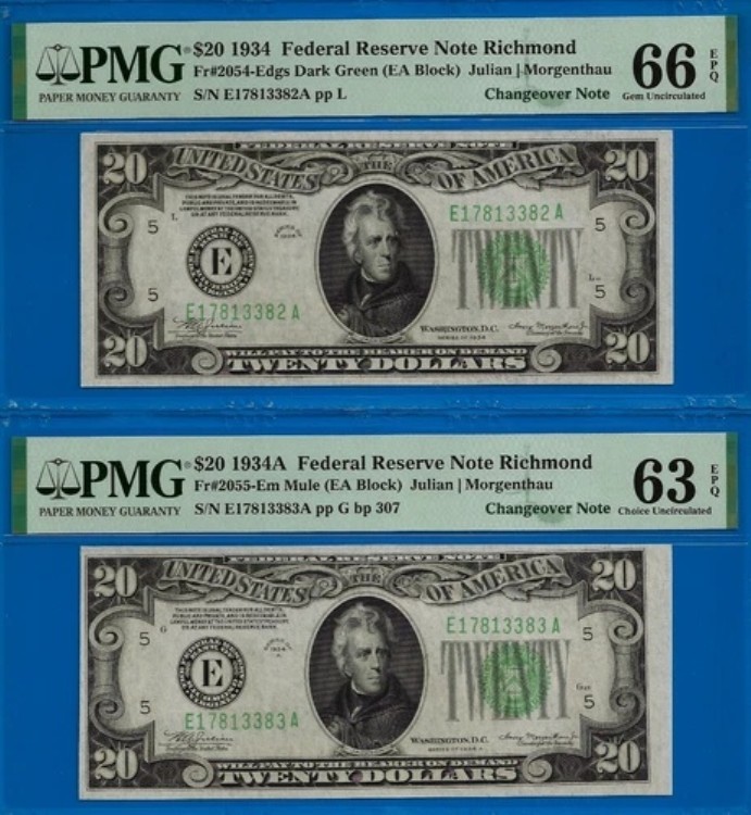 1934/1934A $20 FRN - PMG 66EPQ - リッチモンド乗り換え - Fr 2054-Edgs - Fr 2055-Em
