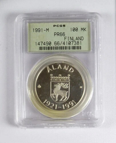 1991 フィンランド 100 マルカア、オーランド 70 周年記念、PCGS PR66、700 ミンテージ