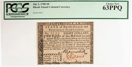 Fr. RI-288、1780年7月2日、ロードアイランド植民地通貨8ドル