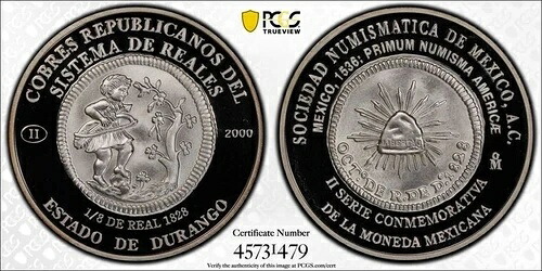 2000年 モナコ メキシコ貨幣協会 1828年 1/8R デュランゴ シルバーメダル PCGS SP69