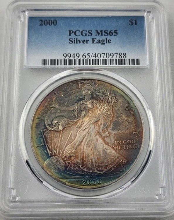 2000 年アメリカン シルバー イーグル - PCGS MS65 クール レインボー トーン!