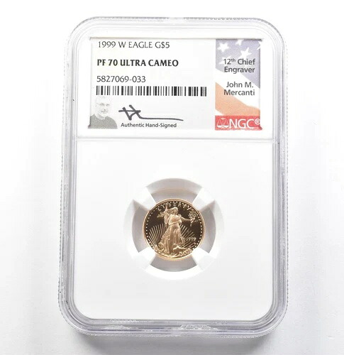 1999-W 5ドル アメリカン ゴールド イーグル メルカンティ 1/10オンス PF70 UCAM NGC *0080