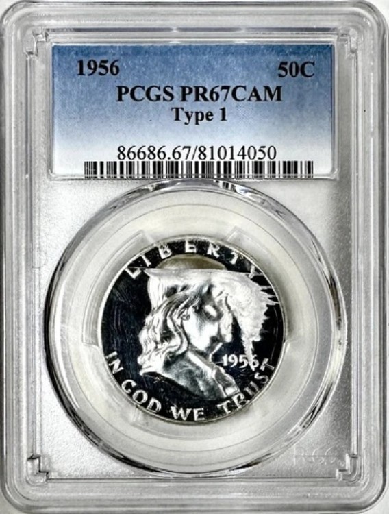 1956年 プルーフ フランクリン ハーフダラー タイプ1 PCGS PR67 カメオ **説明をご覧ください**