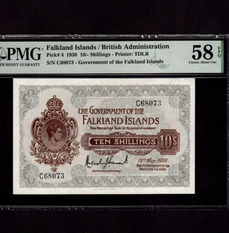 フォークランド諸島 10シリング 1938 P-4 * PMG AU 58 EPQ * キングジョージ *