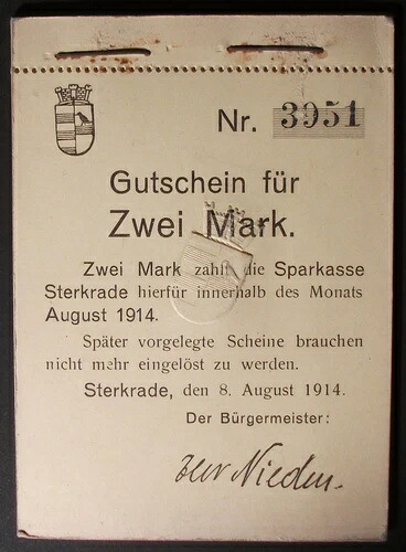 1914 Sterkrade 2 Mark Notgeld、オリジナル パッド 10 個