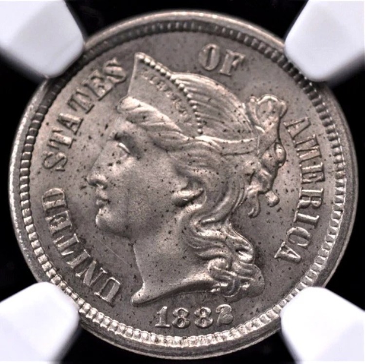 1882年 3セントニッケル NGC MS 62 ライトシルバーピューター きれいな完全打刻