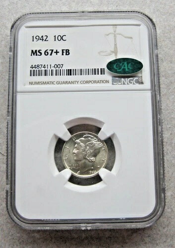 1942P マーキュリーダイム NGC MS 67+ FB CAC付き