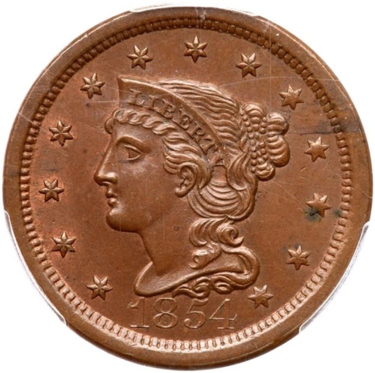 1854 N-26 R-3 PCGS MS 64 BN 編み込みヘア ラージセントコイン 1セント