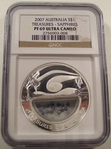 希少 2007年 オーストラリアの宝 サファイア 1オンス 銀貨 NGC PF69UCAM 箱/COA