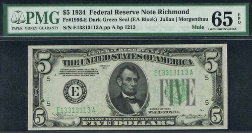 ファンシーシリアルナンバー。$5 1934年製リッチモンドミュール。Fr. 1956-Em。PMG 65 EPQ。 274,725円