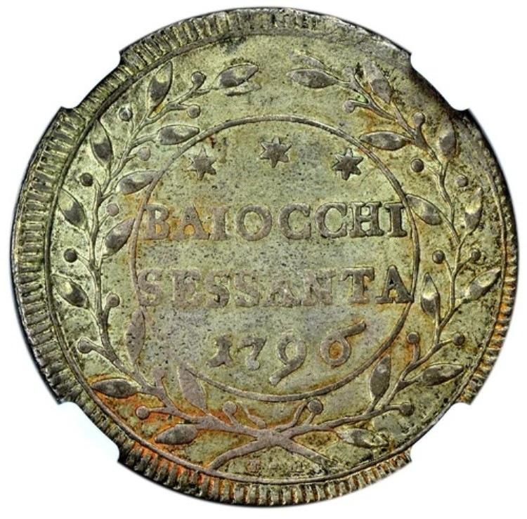 教皇領セサンタ (60 バイオッキ) 1796 アノ XXII NGC AU53 ピウス 6 世