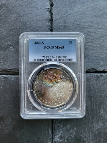 1880年 S モーガン銀貨 PCGS MS65 レインボークレセントトーン