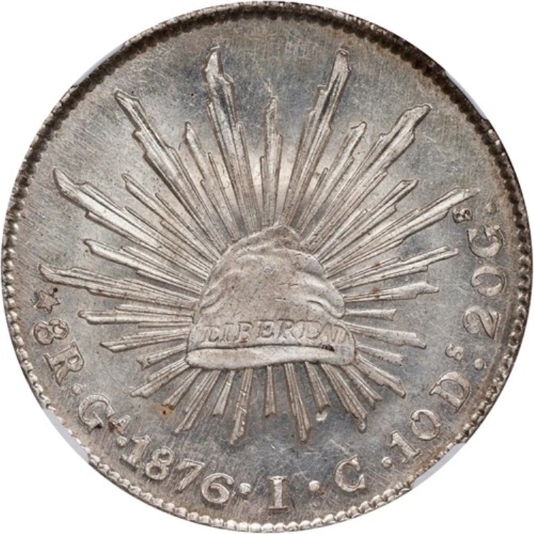 メキシコ 銀貨 8レアル 1876-Ga IC グアダラハラ造幣局 NGC MS63! 希少な光沢品