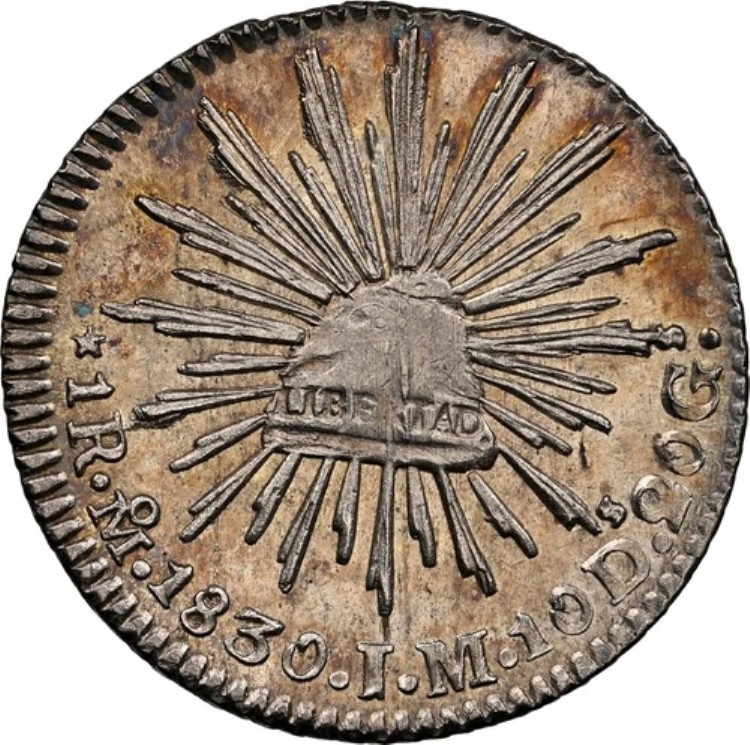 メキシコ：銀貨 1 レアル 1830-Mo JM メキシコシティ造幣局。NGC MS-64、見事なニアジェム！