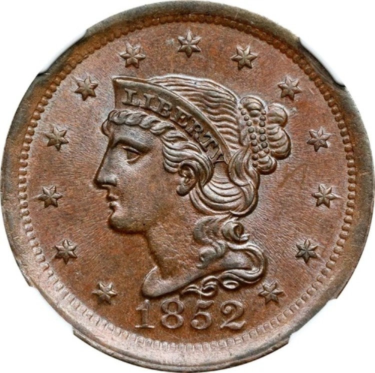 1852年製、編み込みヘア・セント。オリジナル。N-4、希少度-2。NGC MS-64 BN！超美品！｜WORLD RESOURCE【KING店】
