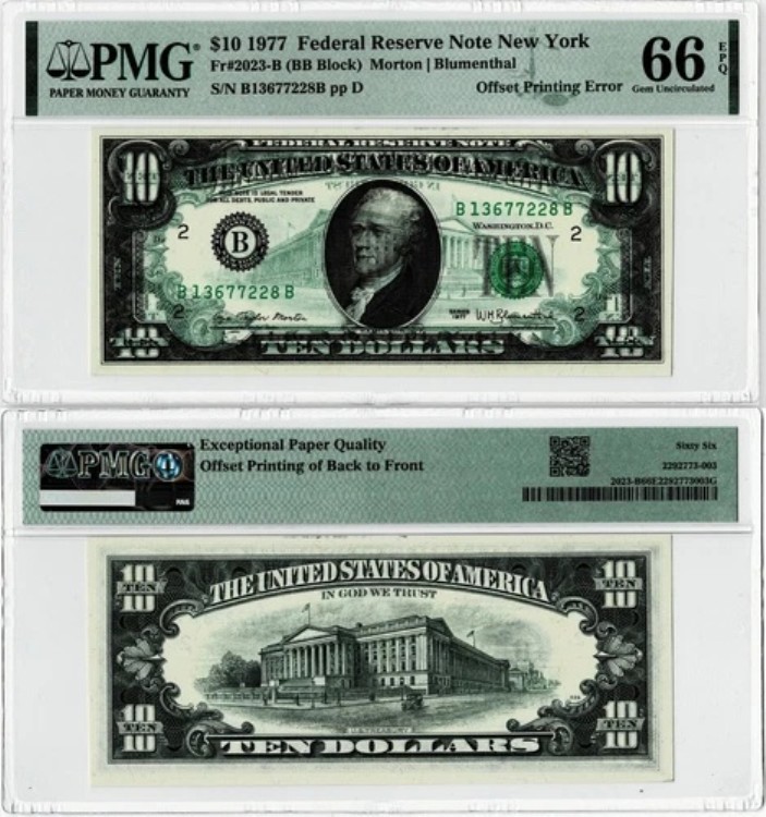 Fr. 1909-A 1977 $10 FR ノート オフセット印刷エラー 裏面に PMG GEM 65 EPQ|WORLD RESOURCE【KING店】