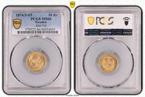 スウェーデン 10クローナ金貨 1874年 4オーバー3 PCGS MS66 美品 POP 2/1 nswleipzig