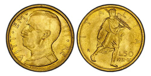 イタリア。ヴィットーリオ・エマヌエーレ3世。1931年-R 50リラ PCGS MS65 ローマ パガーニ 657; モン38
