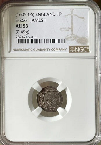 NGC AU53 1605-6 ジェームズ1世 ペニー、第2次鋳造貨幣、mm ローズ、イングランド、S-2661|WORLD RESOURCE【KING店】