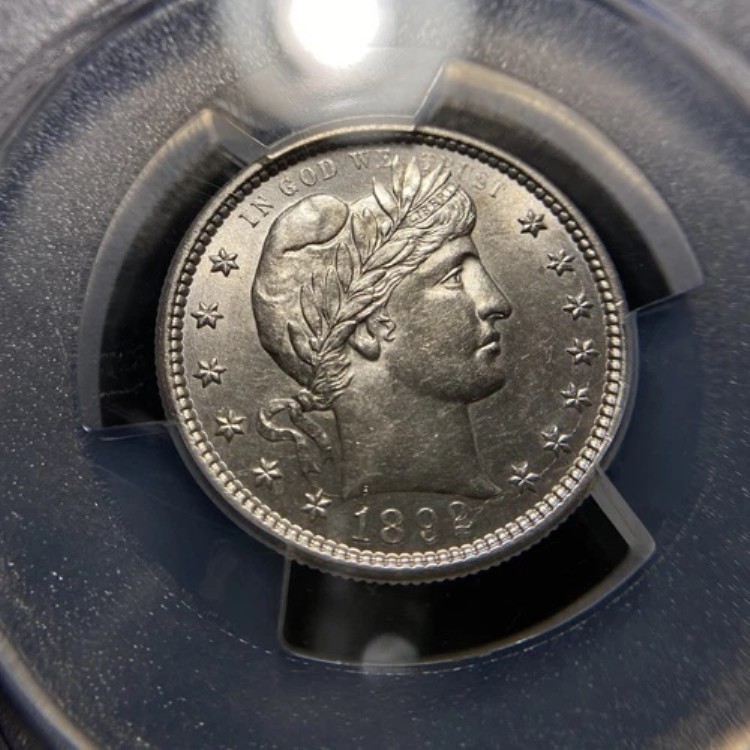 1892年 S バーバークォーター PCGS AU58 シルバー 25セント チョイス ほぼ未使用 BU ブラストホワイト｜WORLD RESOURCE【KING店】