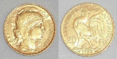 1909年 フランス共和国 金貨 20フラン 誇り高き雄鶏 未使用|WORLD RESOURCE【KING店】