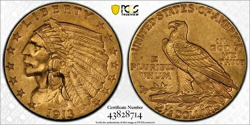 1913年インディアンクォーターイーグル - 2.50ドル金貨 - PCGS MS62、Trueview付き|WORLD RESOURCE【KING店】