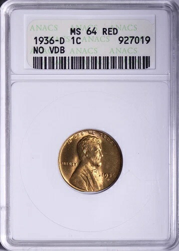 BU 1936-D VDBエラーなし リンカーン ウィート セント ペニー ANACS MS64 レッド ソープボックス UNM