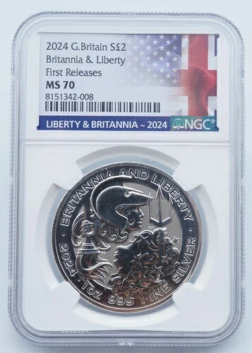 2024年 G. ブリテン 1オンス シルバー ブリタニア＆リバティ $2 NGC MS 70 初版 - U1527