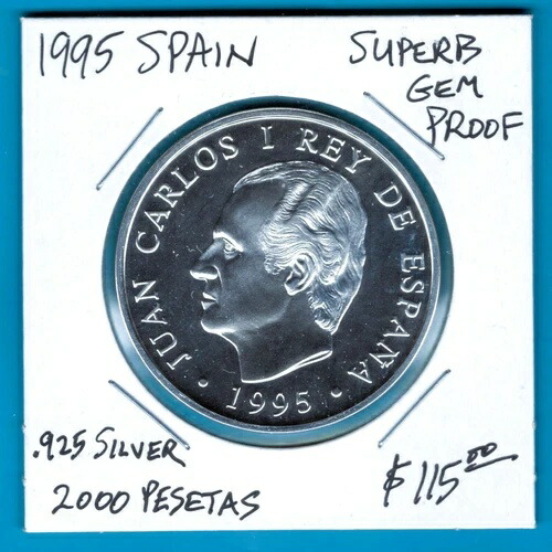 スペイン - 歴史的に貴重な希少な銀貨プルーフ 2000ペセタ、1995年、KM#955