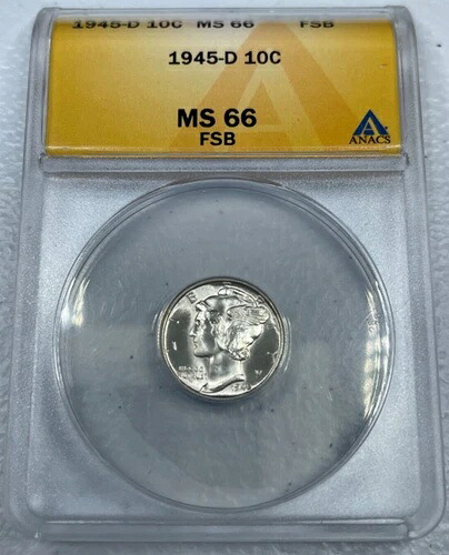 1945-D マーキュリー米国シルバーダイム、ANACS による MS66、FB 付き、非常に美しいコインです!!